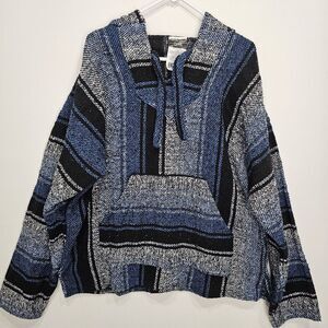 Oland Outdoors Baja Hoodie Mexican Blanket Poncho Mens Large‎ Blue/Black/ Gray